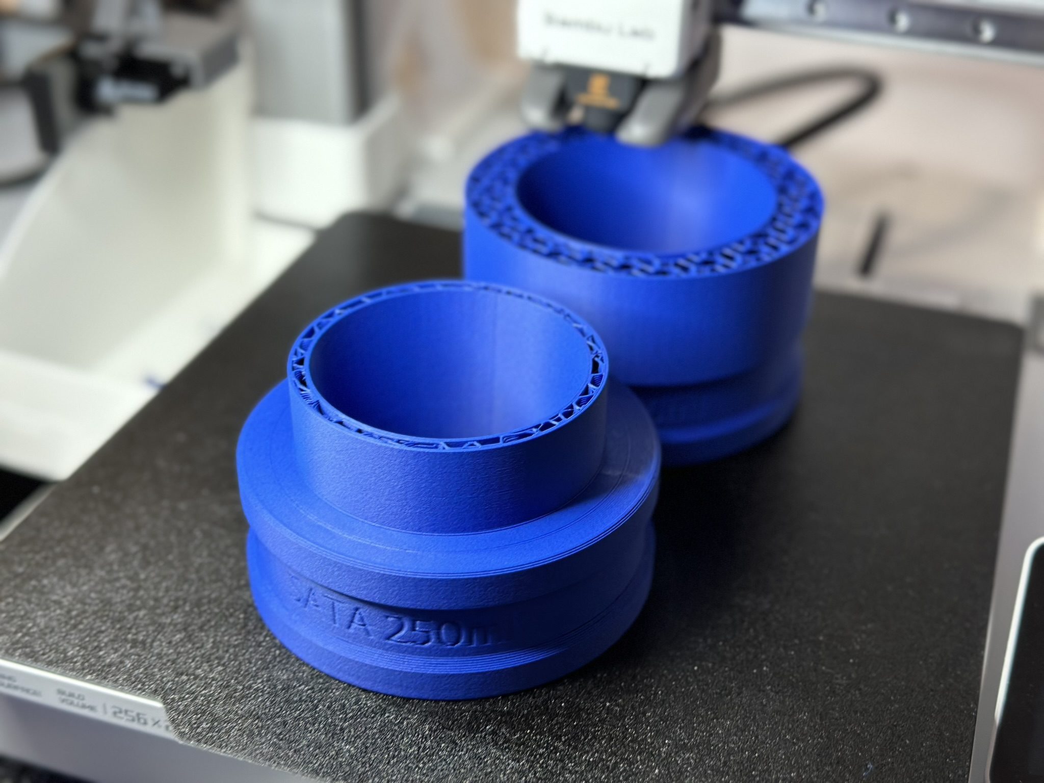 Zwei blaue 3D-gedruckte Adapter für den Rotogen 1000 auf dem Druckbett